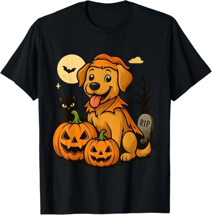 Cute Halloween Dog with Pumpkins and Black Cat Graveyard T-Shirt L