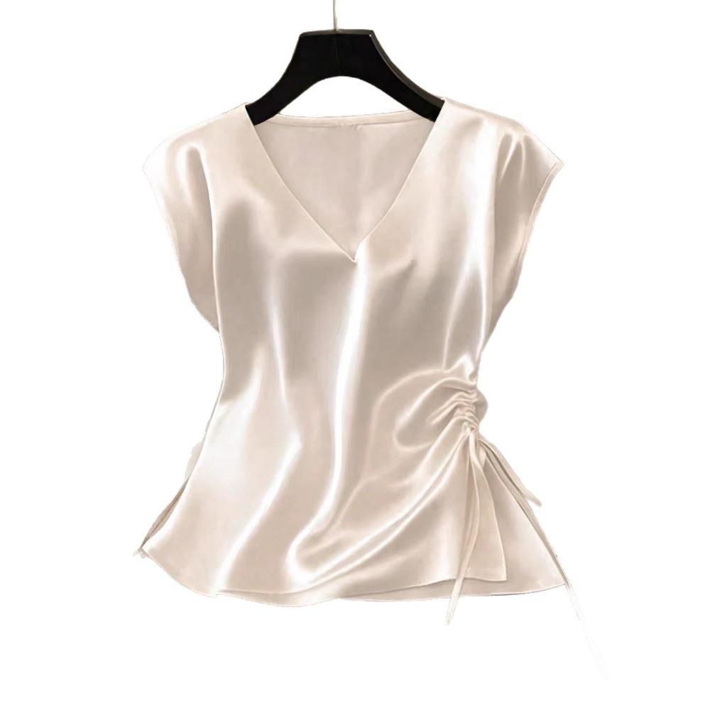 Einfarbige Satin-Kurzarm-T-Shirt-Bluse für Damen, Sommerlich Dünn und Stilvoll, V-Ausschnitt, Slim Fit