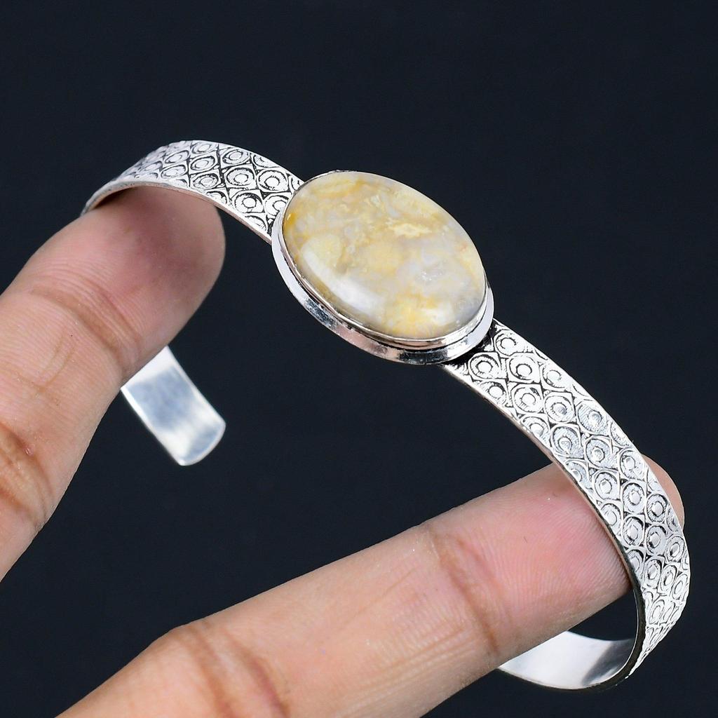 Birthday Gift For Her Natural Fossil Coral Gemstone Bangle Adjustable 925 Silver
