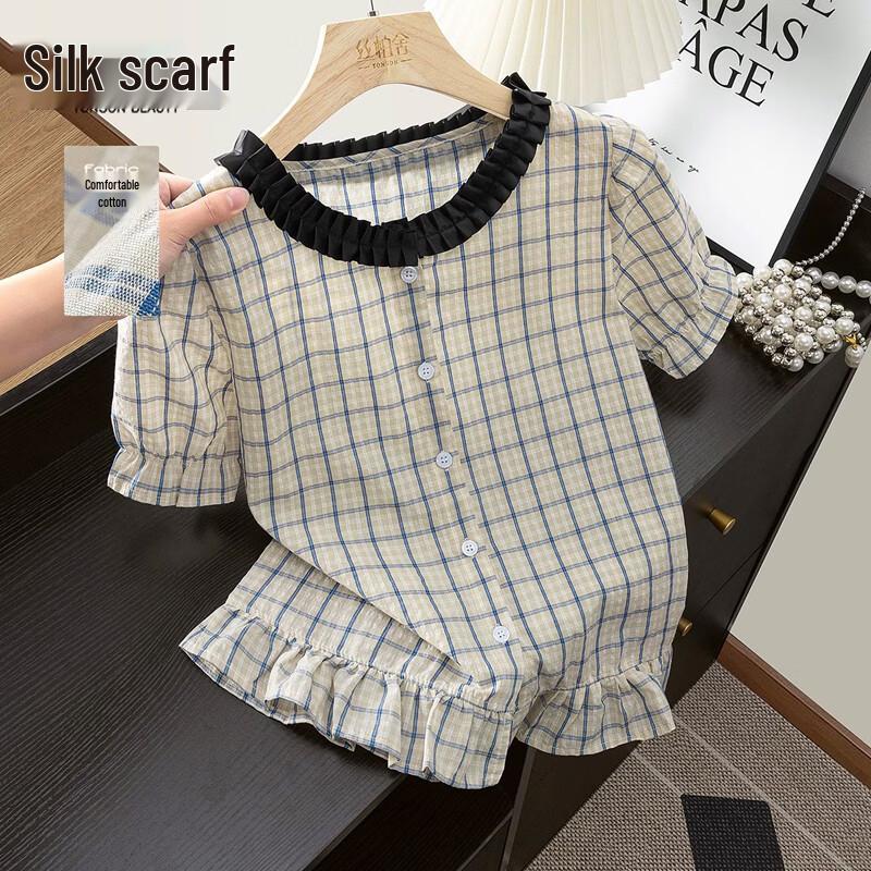 

Women s Color Block Plaid Round Neck Short Sleeve Shirt S