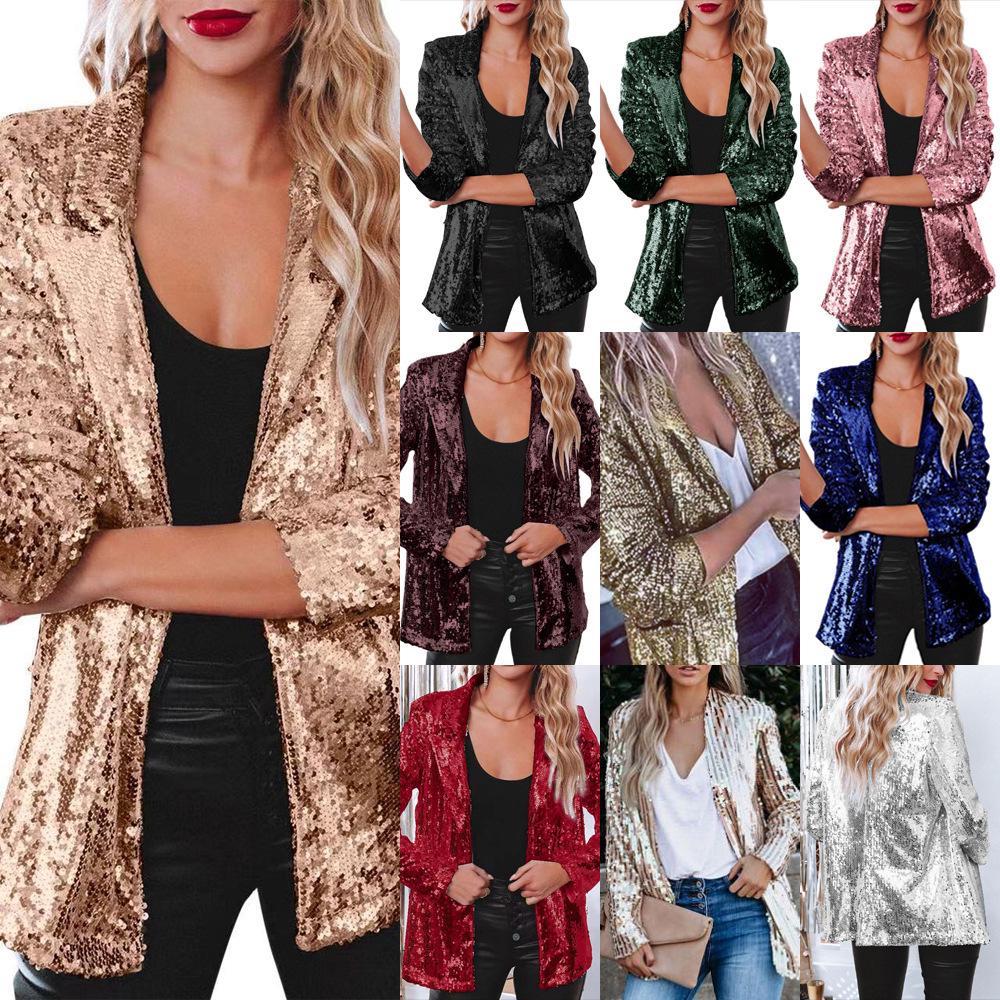 

European and American Casual Sequin Long Sleeve Lapel Suit Jacket 3XL