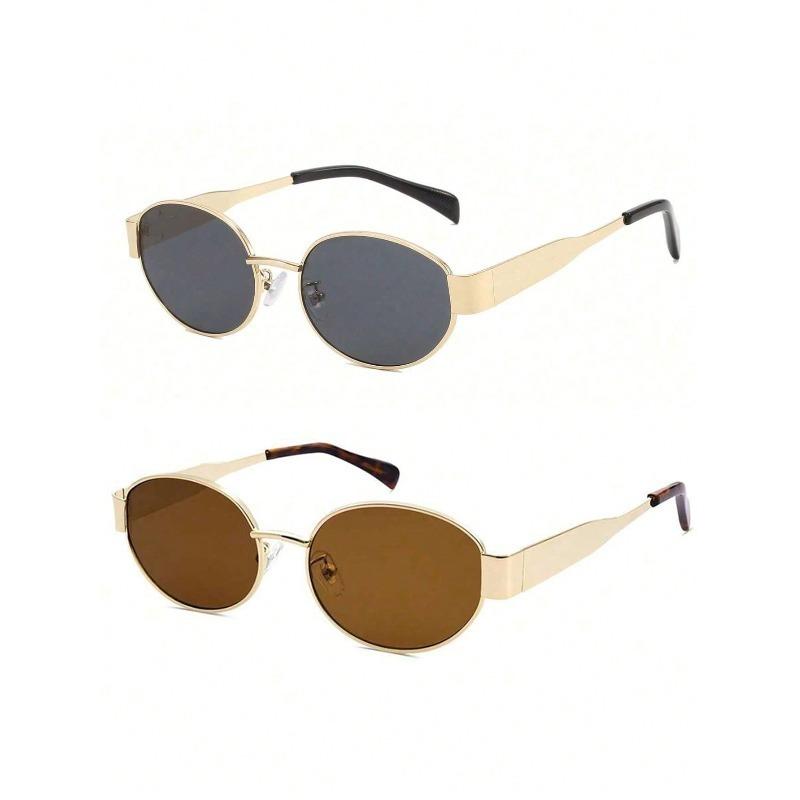 2pcs Oval Shaped Metal Small Round Fashionable Sunglasses, Suitable for Wearing in Summer