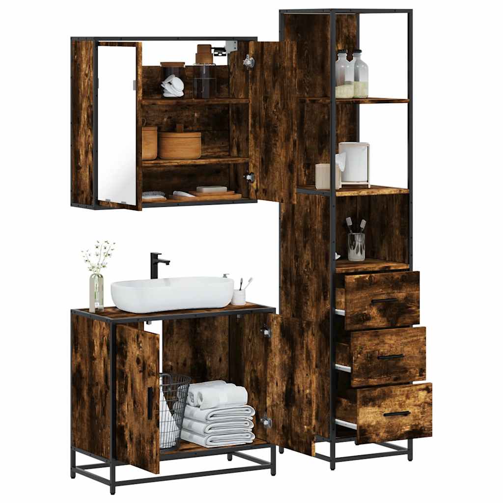 3 Piece Bathroom Furniture Set Smoked Oak Wood Based Material