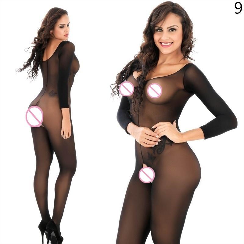 Sexy Women Perspective Long Sleeve Body Stockings Open Crotch Lingerie See Through Erotic Lingerie Nightwear Clothes