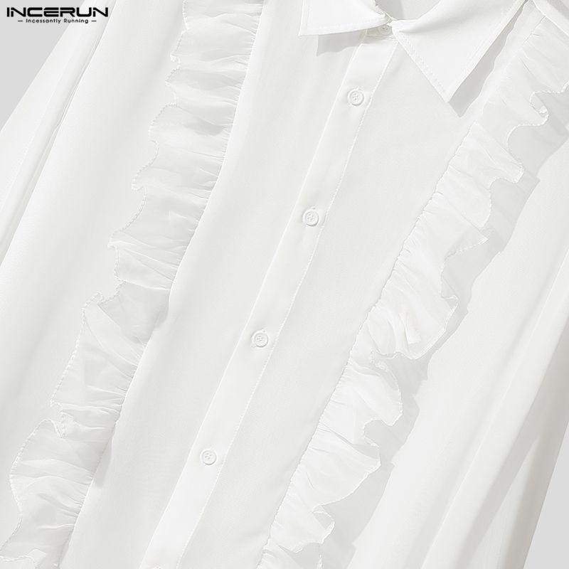 INCERUN Oversized Men Lapel Neck Long Sleeve Ruffled See Through Transparent Party Club Loose Shirts