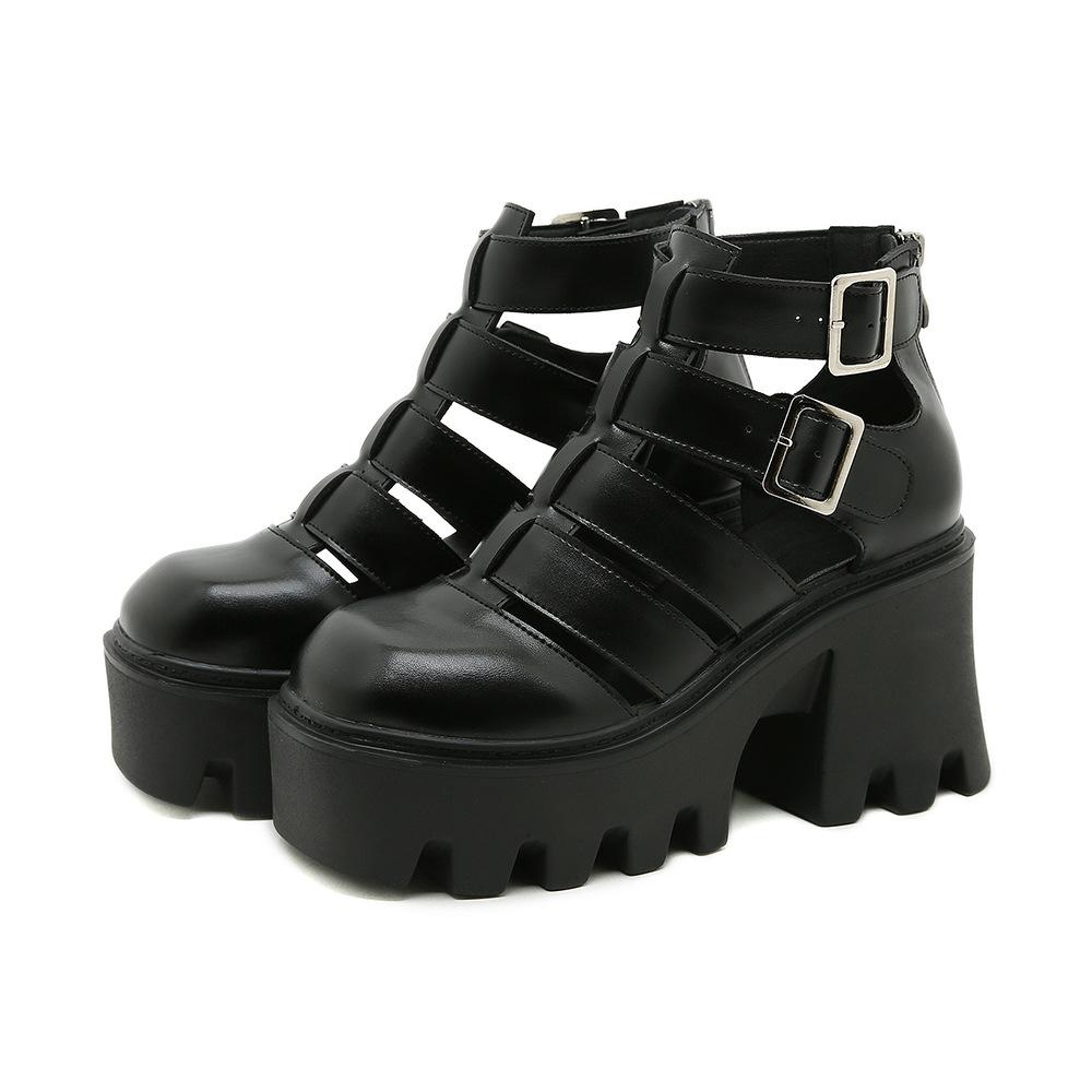 

Европейские и американские босоножки на толстом каблуке, женские с пряжкой, металлической сумкой, полой головой, римские туфли, плетеные, ретро, высокие каблуки, женские 35 чёрный