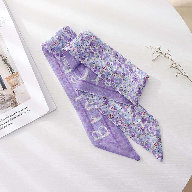 Nowy Styl Lato Francuski Retro Fioletowy Włosy Związane Mały Kwiatowy Długi Jedwabny Szal Opaska Plecione Włosy Szyfonowa Cienka Wstążka Szal