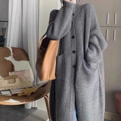 Gola alta vento preguiçoso suéter outono e inverno feminino abotoamento simples cor sólida manga comprida cardigã de malha casaco feminino médio e longo feminino