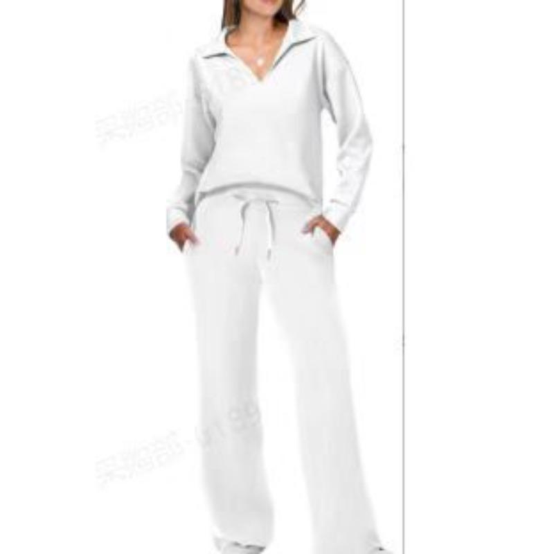 VEZFAA Damesmode Casual Lente Herfst Effen Kleur Print Lange Mouw POLO Hals Broek Pakken