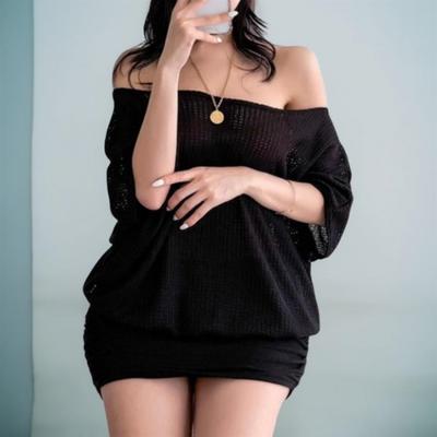 New Arrivals Open Run Women Loose Fit Off Shoulder Shirring Knit Mini Dress