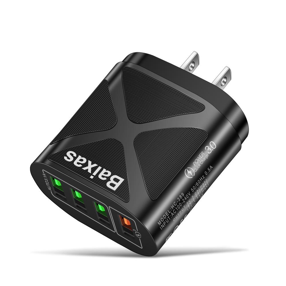 Multi-Port USB Fast Charger QC3.0, 4 Ports, 5V/9V/12V, Compatible with EU/US/UK/AU Standards