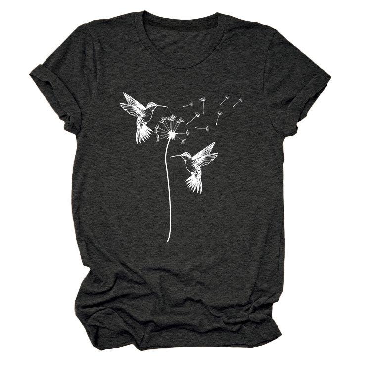 Sommer Rundhals Zwei Vogelmuster Druck Top Modische Lässige Kurzarm Damen T-Shirts