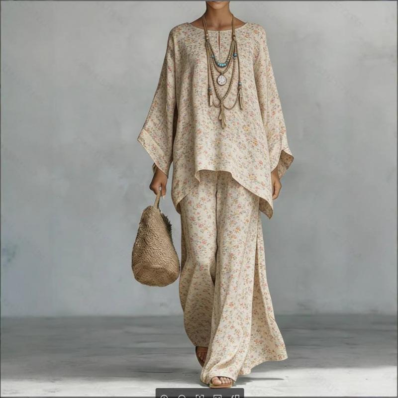 European and American lazy style two-piece set, loose bat-sleeved top + drape wide-leg pants casual suit for women