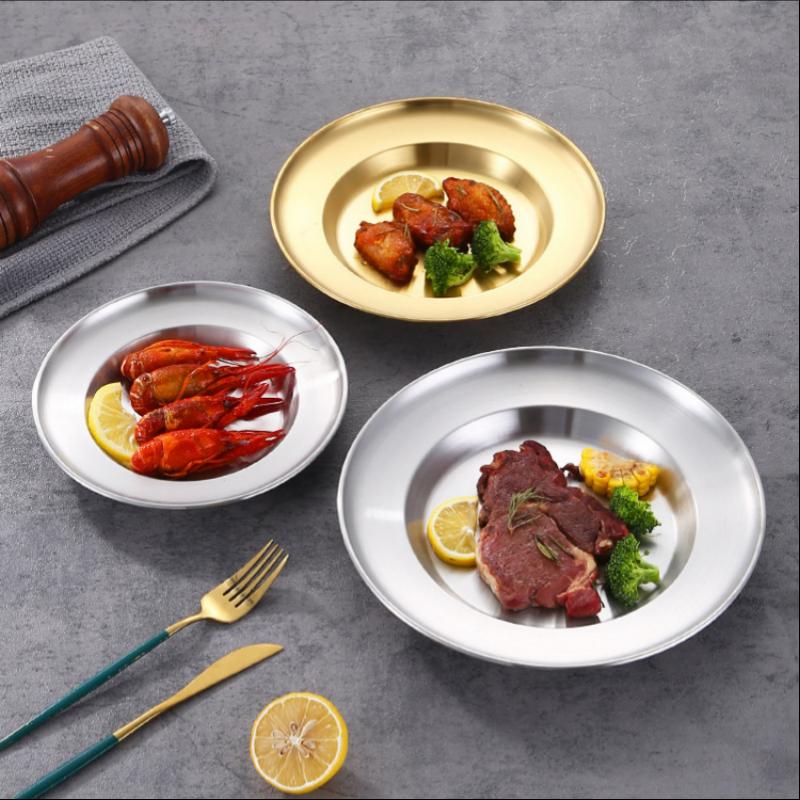Round Kitchen Bar Tableware Cake And Fruit Snack Salad Plate Kitchen Accessories Stainless Steel Plate Camping Picnic Plate