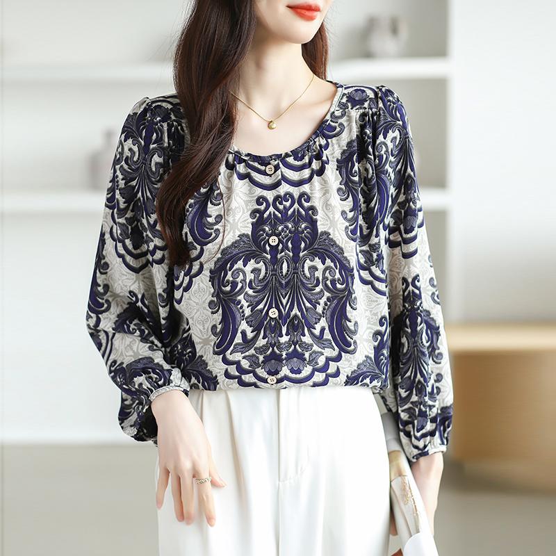 Fashion Round Neck Elegant Printed Women's Blouses Vintage Long Sleeve Loose Casual Shirt New Women Tops Simple Slim Fit Shirts Female Clothing 3325