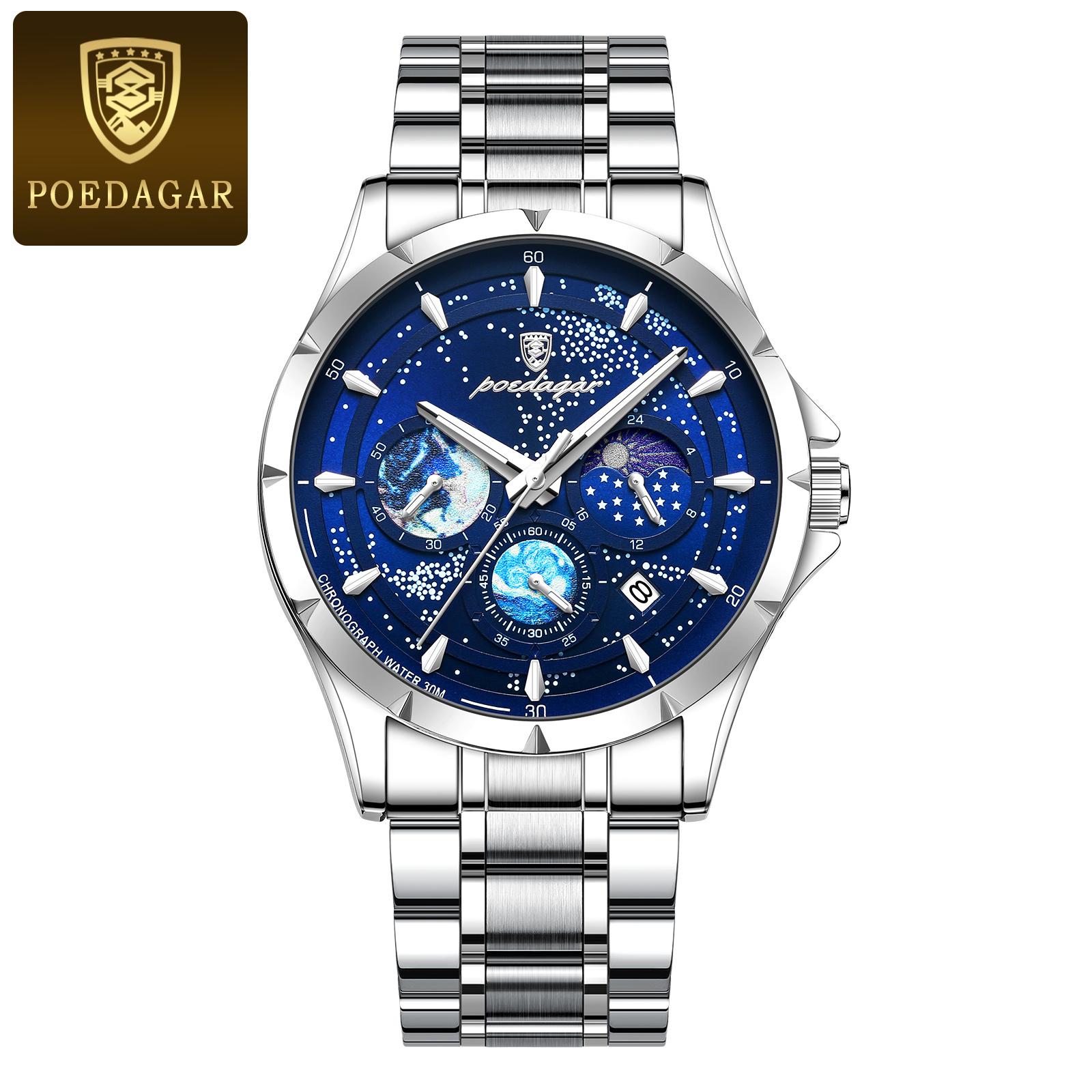 

POEDAGAR Luxury Man Wristwatch Luminous Waterproof Chronograph Date Watch Stainless Steel Quartz Watches Reloj Hombre синий/серебряный