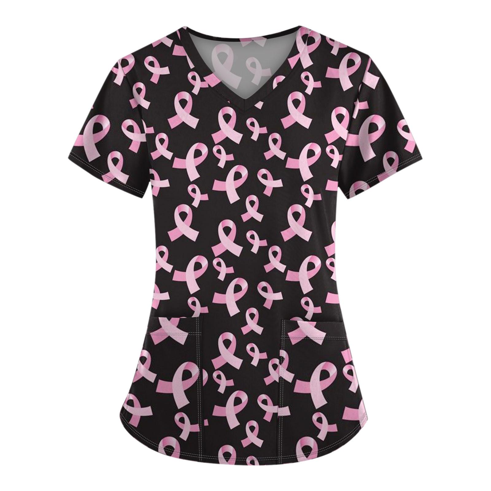 

Женская модная рабочая одежда с v-образным вырезом и коротким рукавом с карманной футболкой с принтом. XXL чёрный