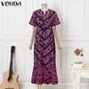 VONDA Summer Women O-Neck Print Back Lace-up Ruffled Hem Long Dresses