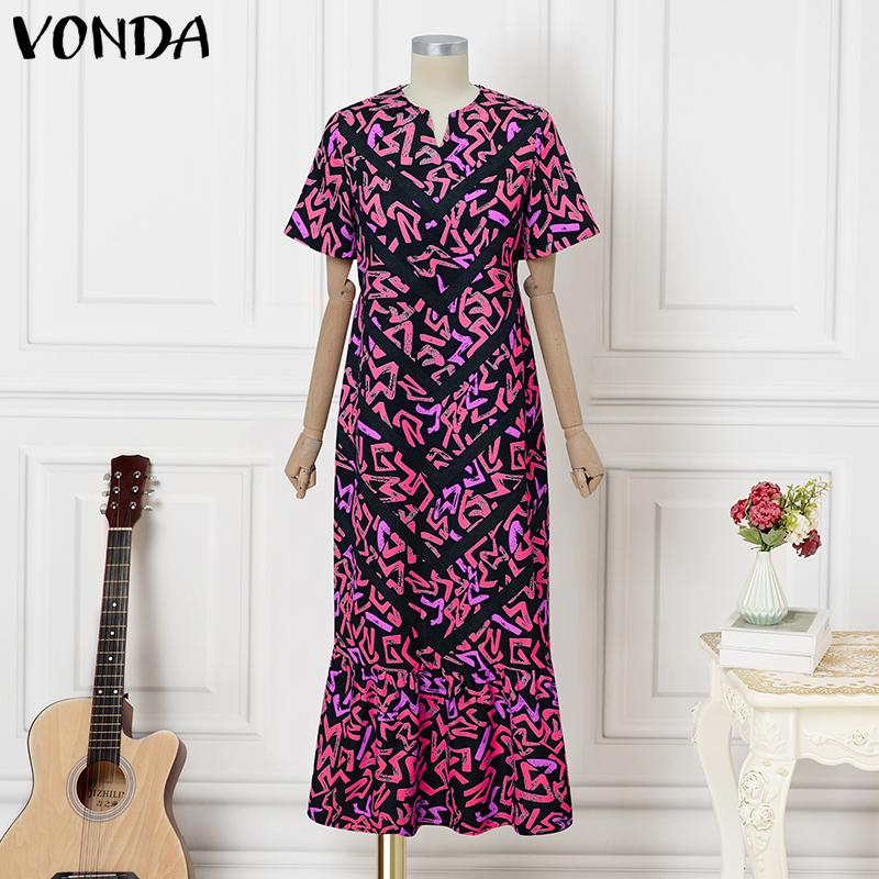

VONDA Летние женские платья с круглым вырезом, принтом, шнуровкой на спине и оборками по подолу 3XL