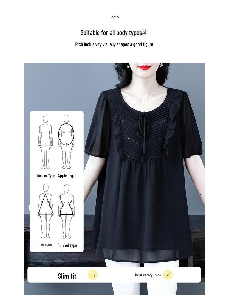 Summer Short Sleeve Pleated Chiffon Shirt - Plus Size, Casual, Loose Fit Women's Apparel