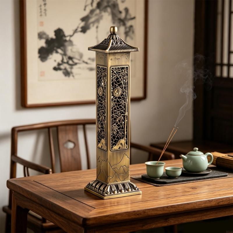 Antique Metal Bamboos Pattern Vertical Hollow Incenses Burners For Tea Room And Meditations With Stable Base Home Decors B03E