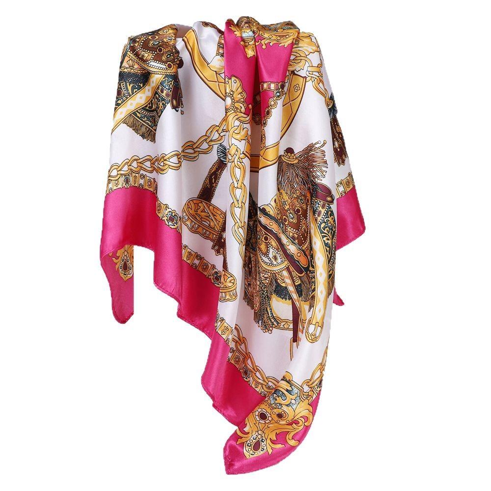 Saddle-print silk scarf, 90cm square, luxurious ladies’ shawl, satin headscarf