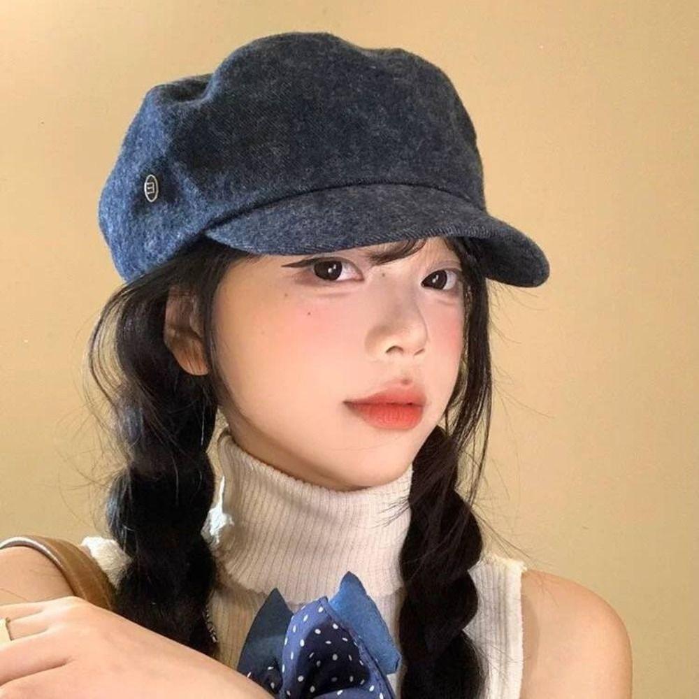 Flat Brim British Style Painter Cap Y2k Octagonal Hat Korean Demin Beret Streetwear