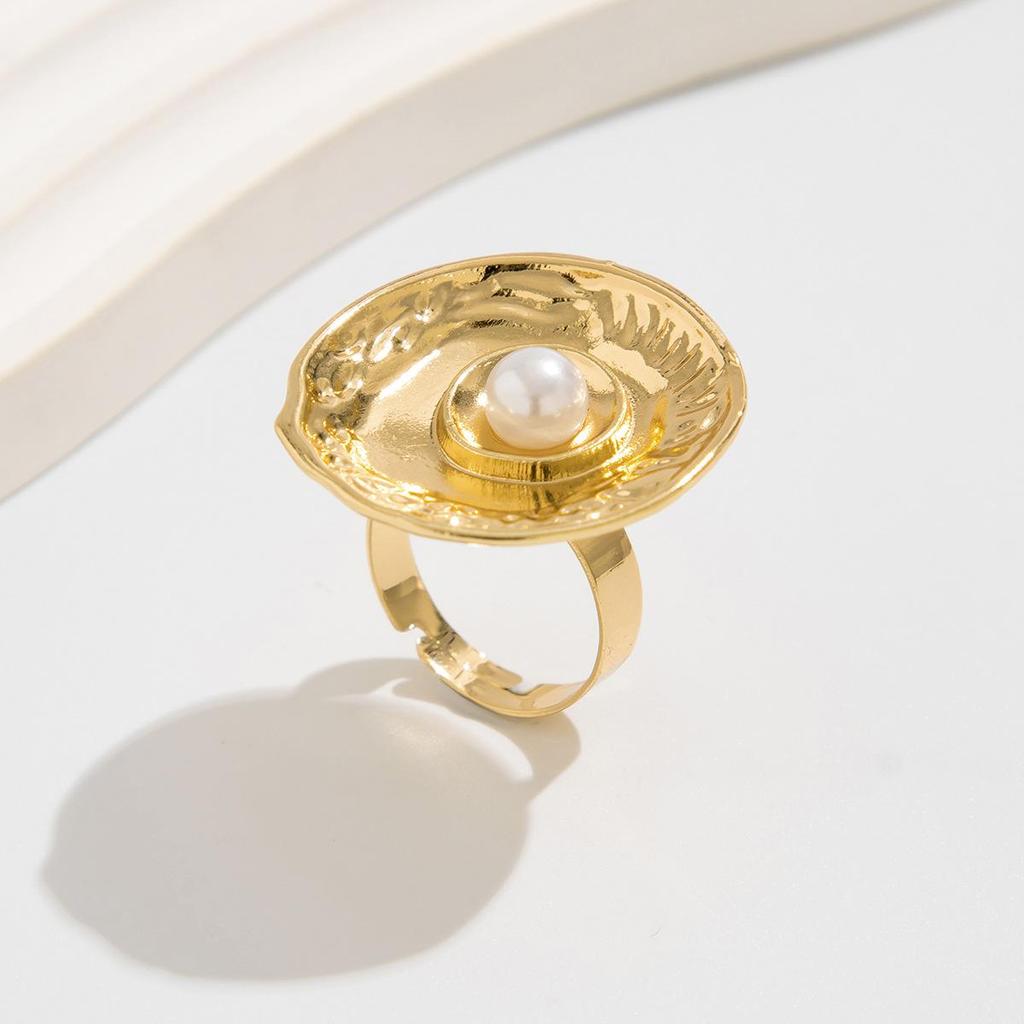 Opening Adjustable Pearl Flowers Rings Vintage Gold Silver Color Retro Exaggerated Metal Alloy Hollow Finger Ring for Women Geometric Jewelry Anillos