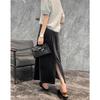 Retro podzimní/zimní černá sametová midi sukně s vysokým pasem a rozparkem - Slim Bodycon střih