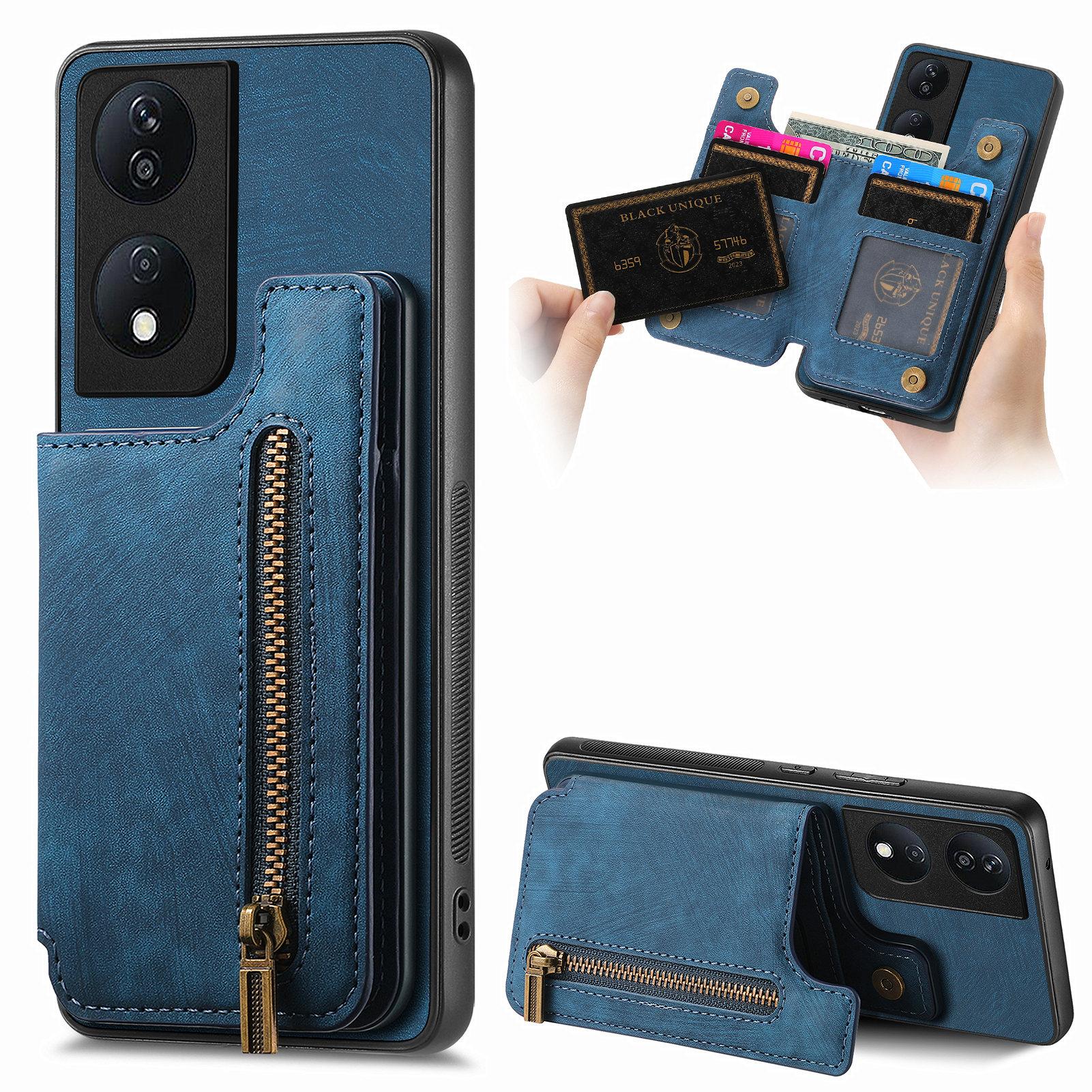 

D15 Для Honor X7b 4G/90 Смарт-чехол с держателем для карт Ретро Кожа+ТПУ Чехол на телефон на молнии Blue