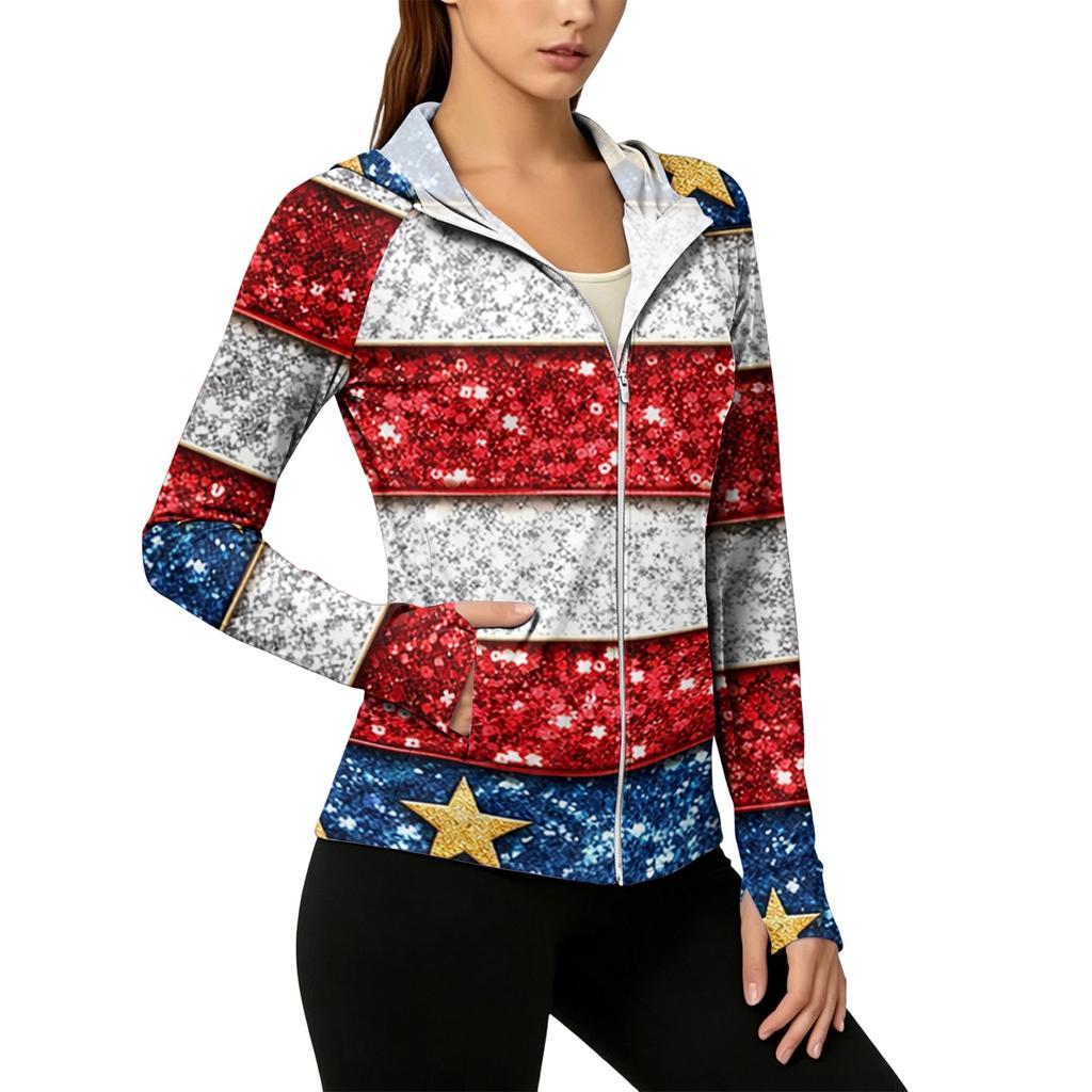 Women's Zip Up Hooded Long Sleeve Jacket with Festive Pattern & Pockets