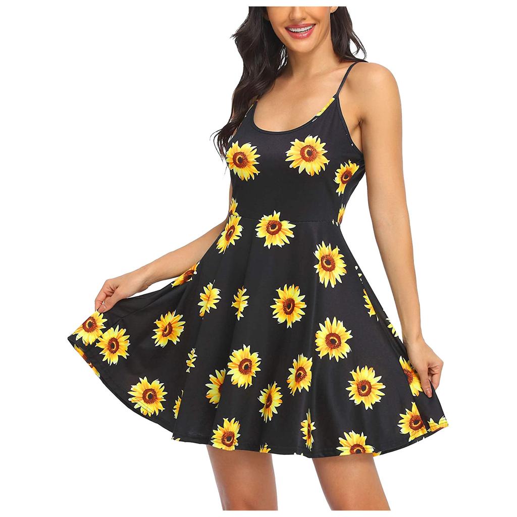 Women's Fashion Casual Sleeveless Shoulder Strap Flower Flared Dress