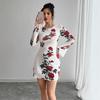 Women Evening Party Flare Sleeve O Neck Backless Mesh Flower Printed Package Hip One Piece Dress