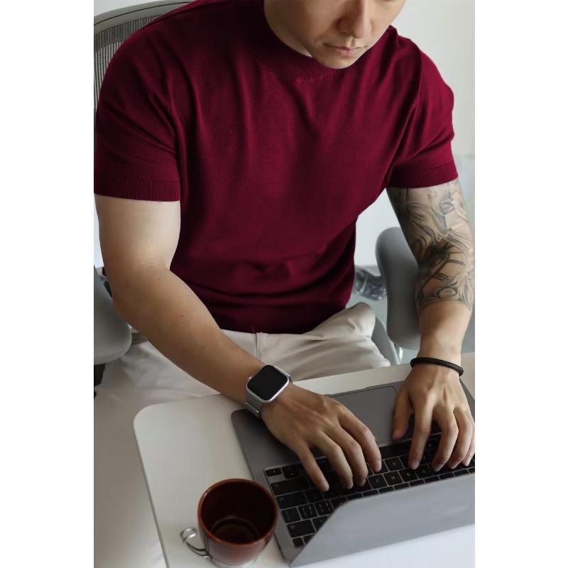 Men Short Sleeve Knit T Shirt Crew Neck Solid Color Slim Fit Casual Breathable Top