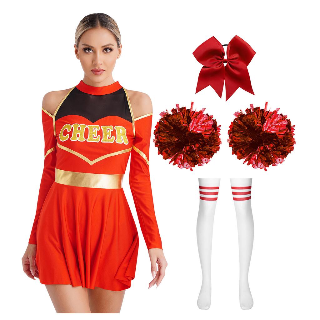Complete Cheerleading Halloween & Performance Outfit for Women S-XXL: Cutout Dress with Accessories (Bow, Socks, Flowers)