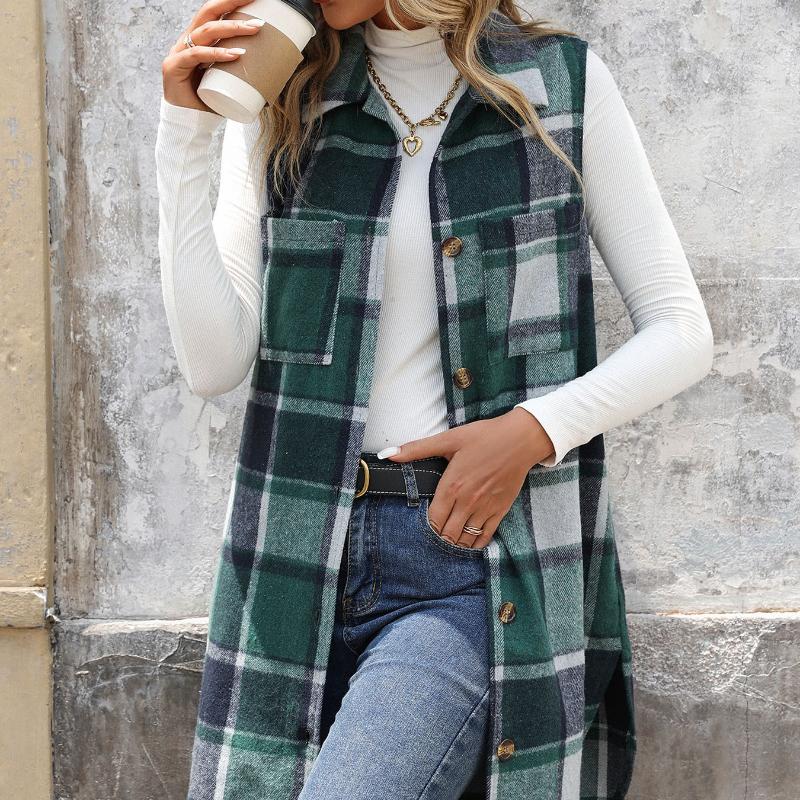 Women's Fashion Trend Vests for Autumn and Winter Contrasting Stripes Checkered Button Up Sleeveless Cardigans