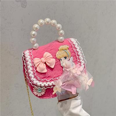 2025 New Girls Pearl Handbag Cartoon Cute Bow Princess Shoulder Bag Lace Small Satchel
