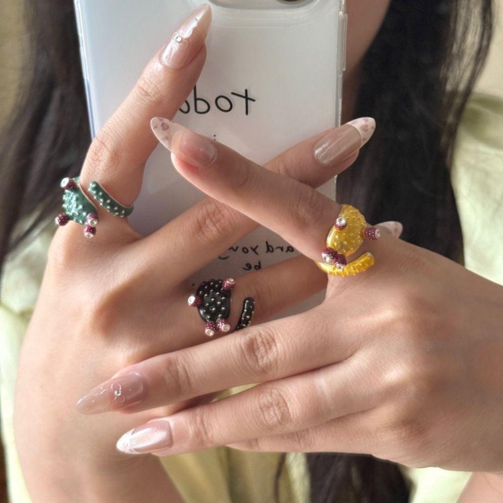 Korean Style Cactus Drip Oil Ring Dripping Oil Enamel Ring Unique Painting Ring  Couple