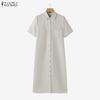 ZANZEA Women Casual Turn Down Collar Solid Color Short Sleeve Dress