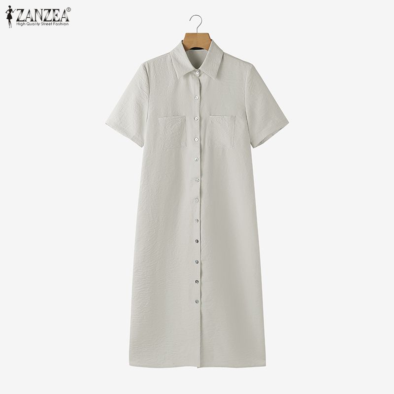 ZANZEA Women Casual Turn Down Collar Solid Color Short Sleeve Dress