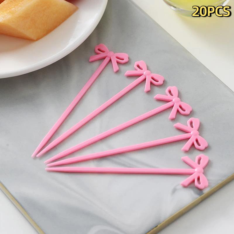 20Pcs Mini Fruit Forks Toothpicks Skewer Set For Kids Children Plastic Bow Food Picks For Bento Lunch Box Decorating Accessories