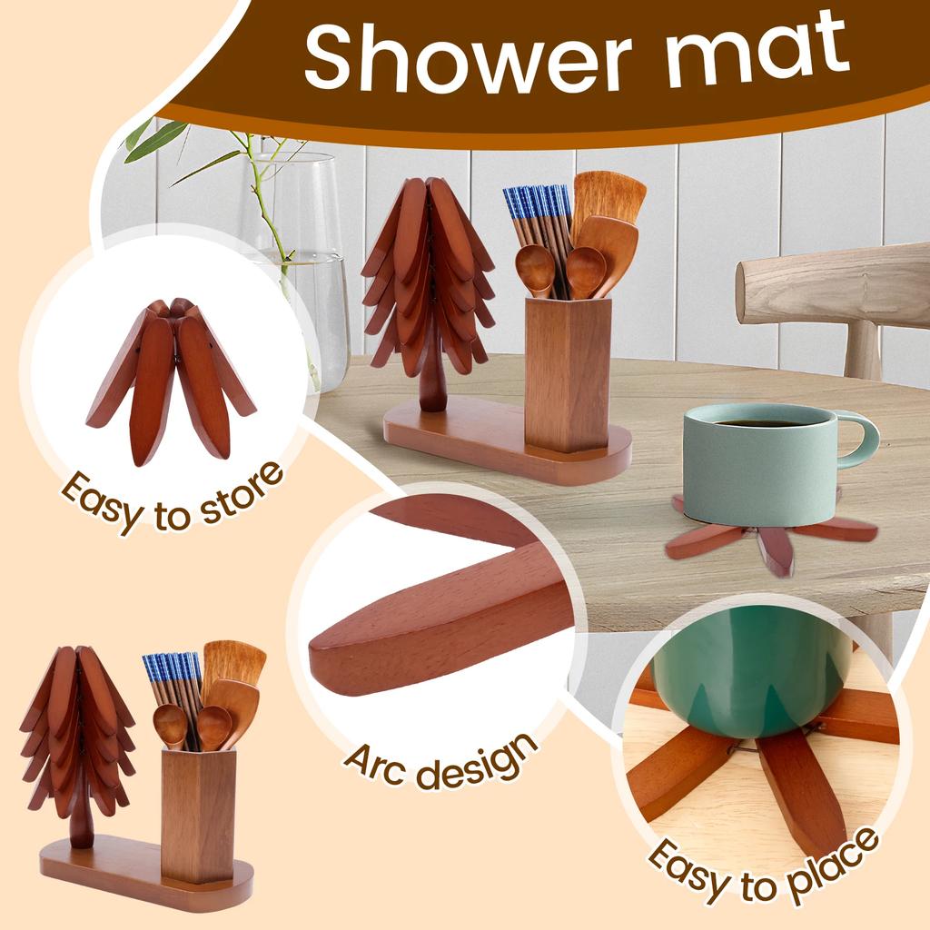 Wooden Tree Trivet with Utensil Holder Heat Resistant Table Mat For Hot Dishes Pot Bowl Pan Teapot Cup Coaster Insulated Pad Set