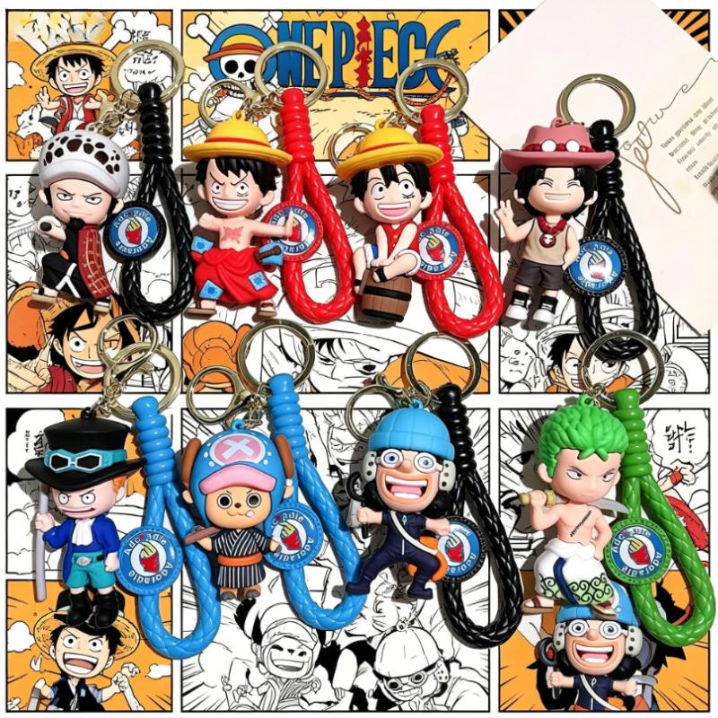 Einteiliges geflochtenes Armband 3D-Silikon-Schlüsselanhänger Anime Luffy Zoro Ace Law Chopper Sabo Taschenanhänger Armband Schlüsselring-Set