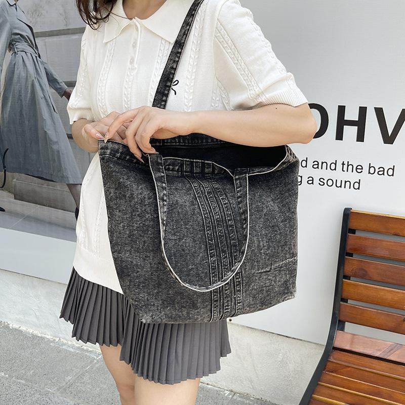 Lazy wind washed denim bag women's new literary canvas shoulder bag large capacity commuter tote bag