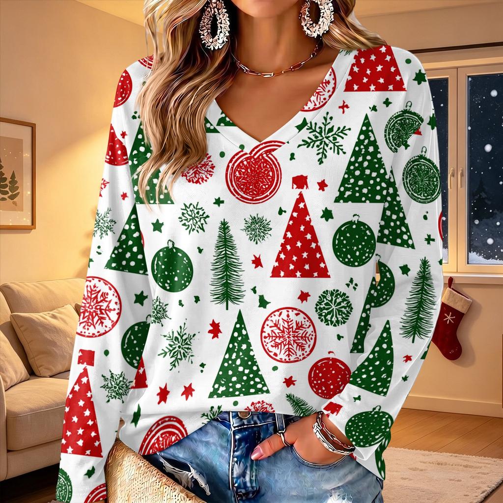 Women's V-Neck Long Sleeve Christmas Print Lightweight Blouse for Spring Summer