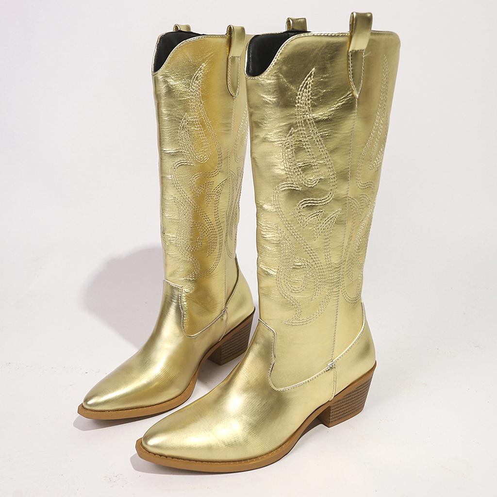 Autumn New Metallic Silver Gold Cowboy Boots Women Shoes Chunky Heels Plus Size Slip On Mid-Calf Music Festival Cowgirls Boots