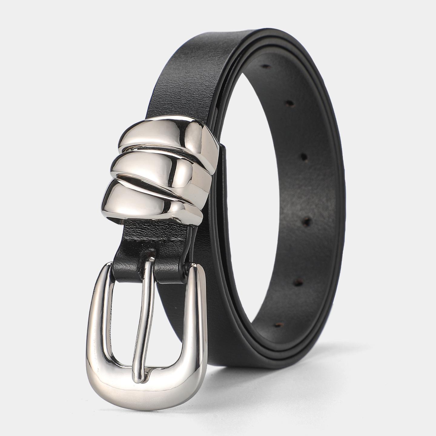 

Genuine Cowhide Leather Retro Thin Belt with Double Ring Lock for Women and Men 105 cm