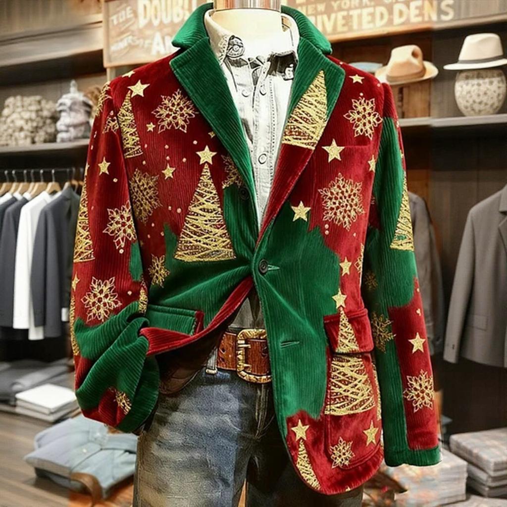 Men's Printed Corduroy Warm Pocket Suit Jacket Cardigan Men's Casual Suit