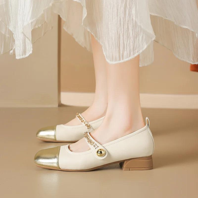 Women Shoes Fashion Leather Casual Mary Jane Shoes Girl High Heels Shoes Square Toe Pumps