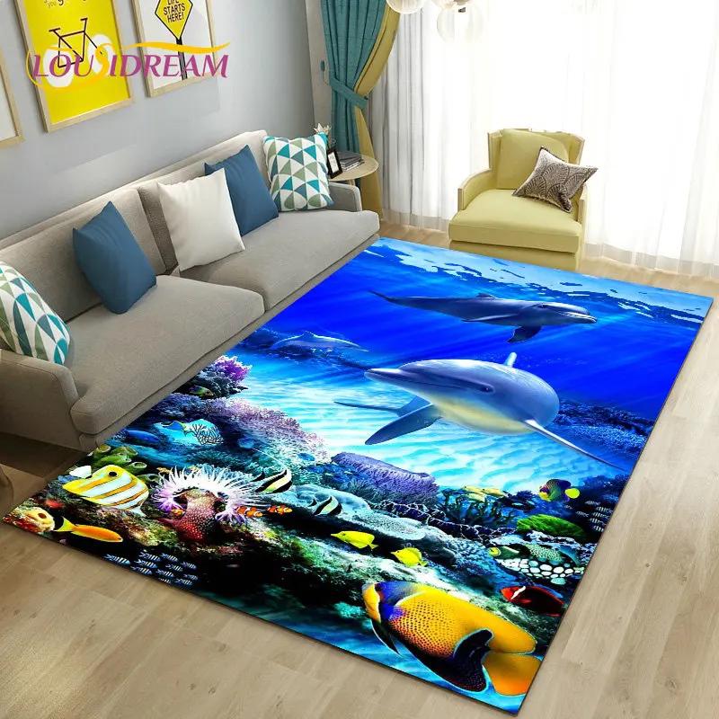 Seabed Illusion Underwater World  Dolphin Shark  Area Rug ,Carpet Rug for Living Room Bedroom Sofa Doormat Non-slip Floor Mat